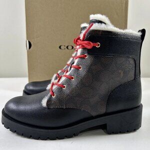 COACH Lorraine Sig Booties Womens 7.5 Black/Mahogany Chunky Heel Red Lace-up NIB